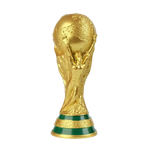 Gold trophy with a green base on a white background